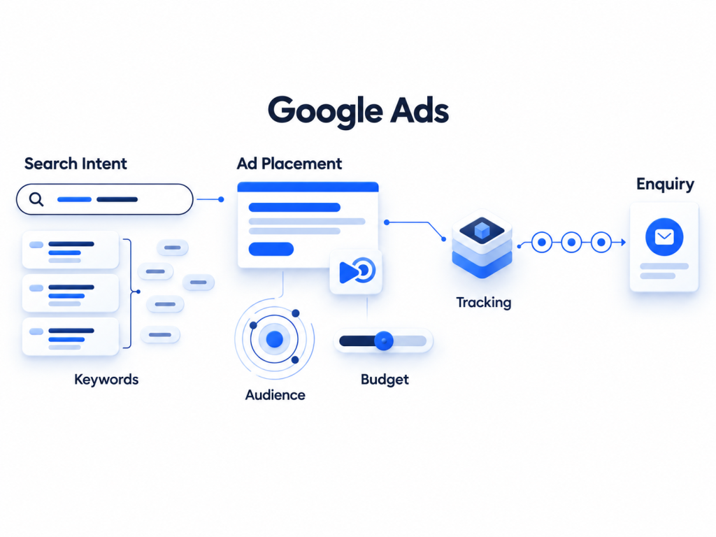 Google Ads illustration: keywords, ad placement, audience, budget and tracking leading to an enquiry