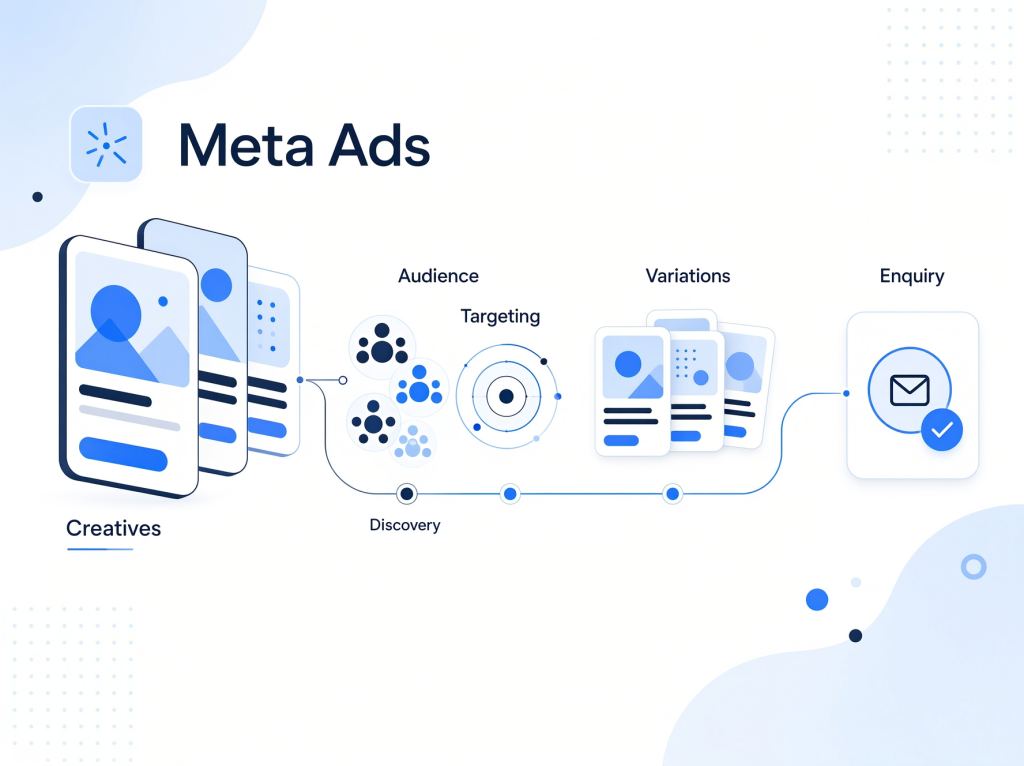 Meta Ads illustration: creatives, audience targeting and ad variations leading to an enquiry