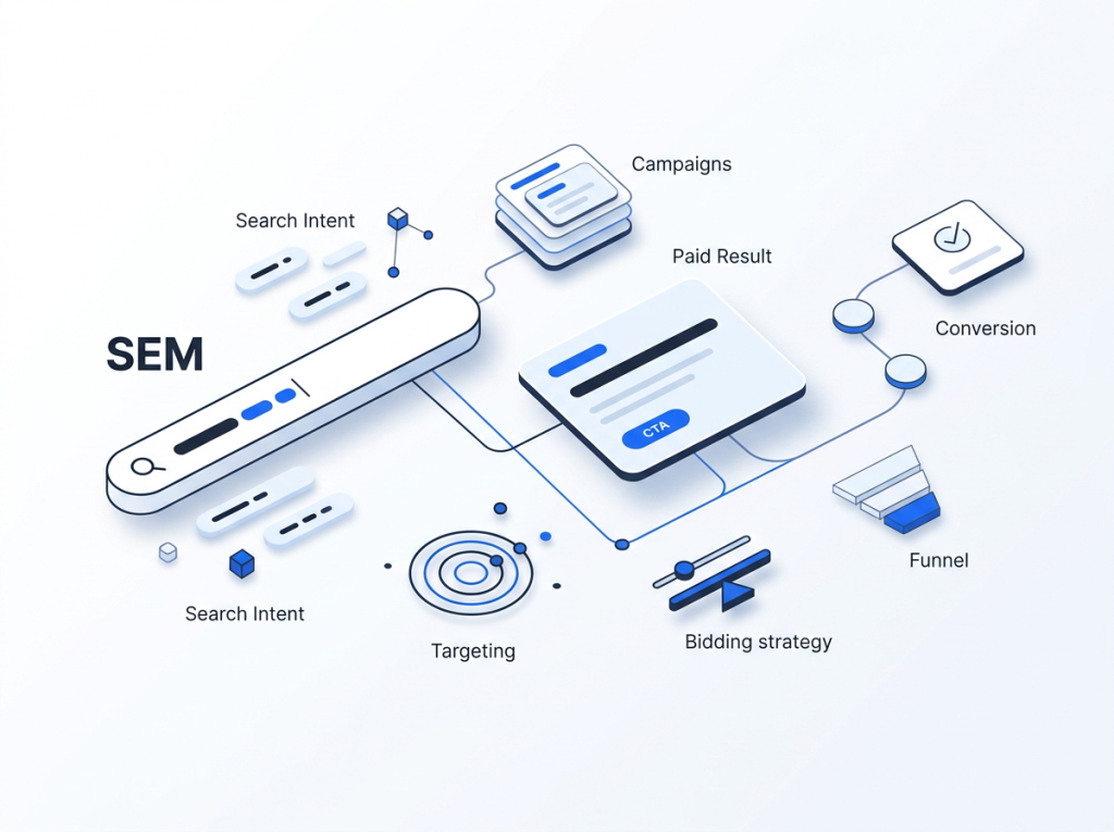 SEM illustration: search intent, campaigns, paid result, targeting, bidding strategy, funnel and conversion