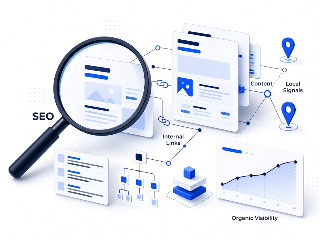 SEO illustration: magnifying glass over a web page with content, internal links, local signals and organic visibility chart