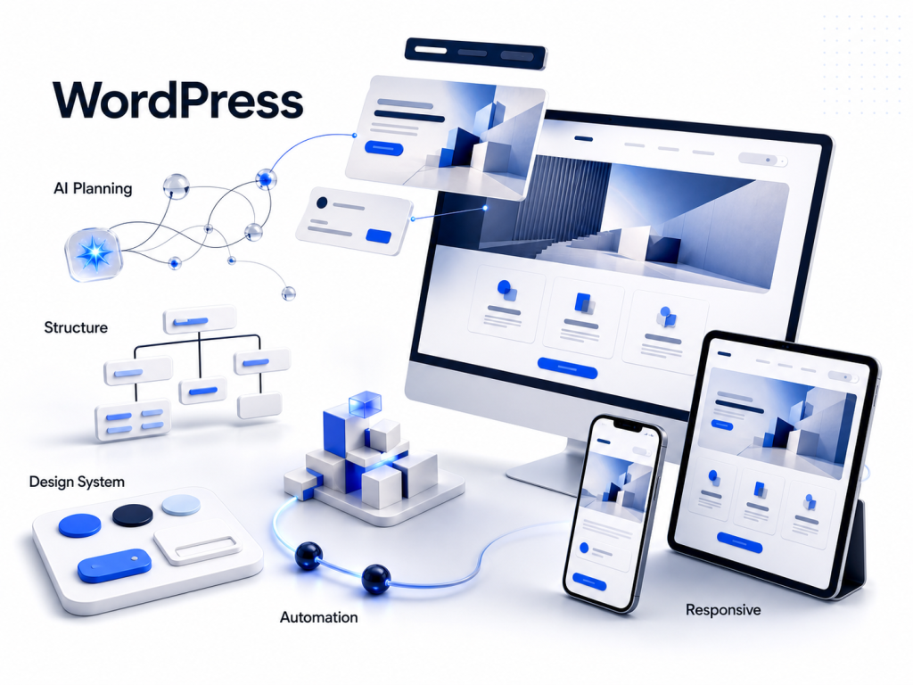 WordPress website illustration: AI planning, structure, design system, automation and responsive layouts